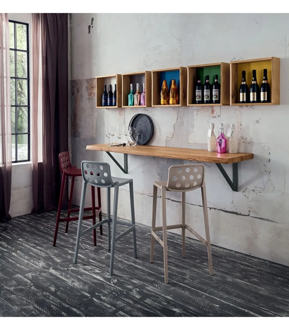 Bancone A Parete In Legno Di Rovere Scortecciato Con 5 Espositori A Parete Da 43X43 Cm - Mensolone L.200 P.45 Cm.- Art.623