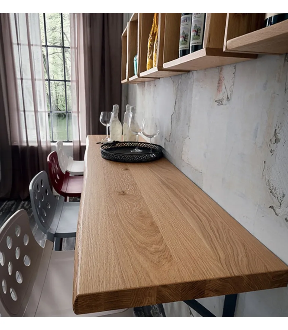 Bancone A Parete In Legno Di Rovere Scortecciato Con 5 Espositori A Parete Da 43X43 Cm - Mensolone L.200 P.45 Cm.- Art.623