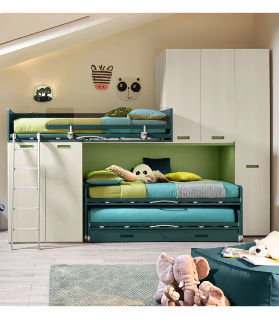 Cameretta Componibile Kc509 Con 2 Letti Estraibili E 3 Comodi Posti Letto