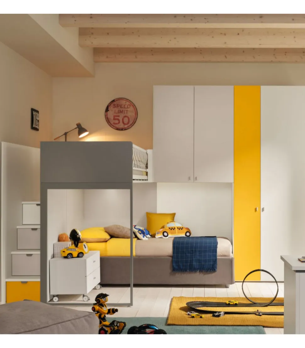 Cameretta Componibile Modello Kc507 - Letto A Castello Con Armadio Attrezzato