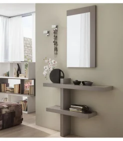 Composizione Ingresso Con Ripiani Pensili Ap. 4 Cm E Specchiera Rettangolare Tortora Con Coppia Appendiabiti A Parete - L.110 Cm - Art 651