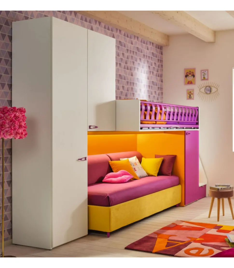 Composizione Soppalco Cameretta Modello Kc505: Letto A Castello Laccato Opaco In Vari Colori E Finiture Laccate E Laminati Disponibili