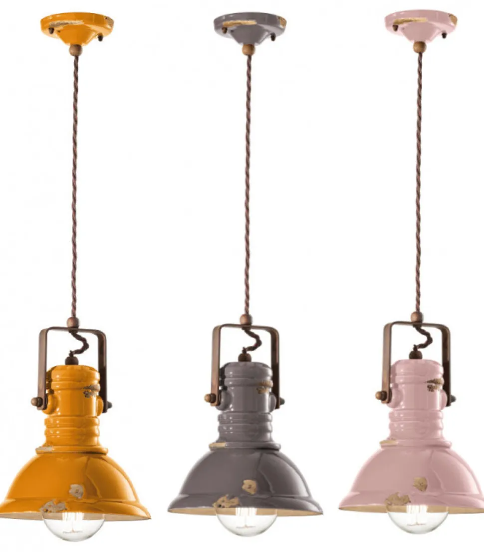 Dundee Small, Lampada Sospesa Di Ferroluce, Con Paralume In Ceramica Vintage Anticata, Made In Italy.