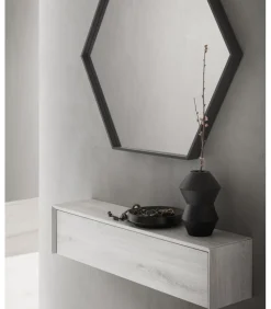 Ingresso Con Mobiletto Pensile A Ribalta, Specchiera Esagonale E Coppia Appendiabiti A Parete L.90 H.130 Cm. - Art625