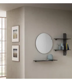 Ingresso Modrno Con Mensole In Hpl E Specchiera Rotonda. Spessori Minimal Ma Elevata Resistenza. Art.753