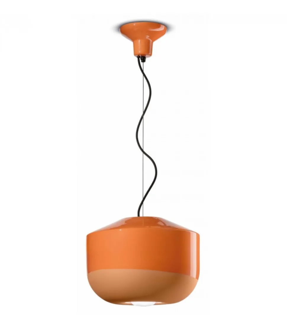 Lampada A Sospensione Bellota Di Ferroluce, Con Paralume In Ceramica Smaltata.
