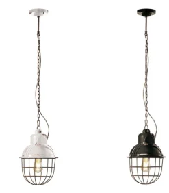 Lampada Sospesa Con Gabbia In Acciaio E Paralume In Ceramica Smaltata Effetto Retro.