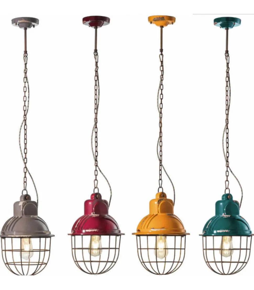 Lampada Sospesa Con Gabbia In Acciaio E Paralume In Ceramica Smaltata Effetto Retro.
