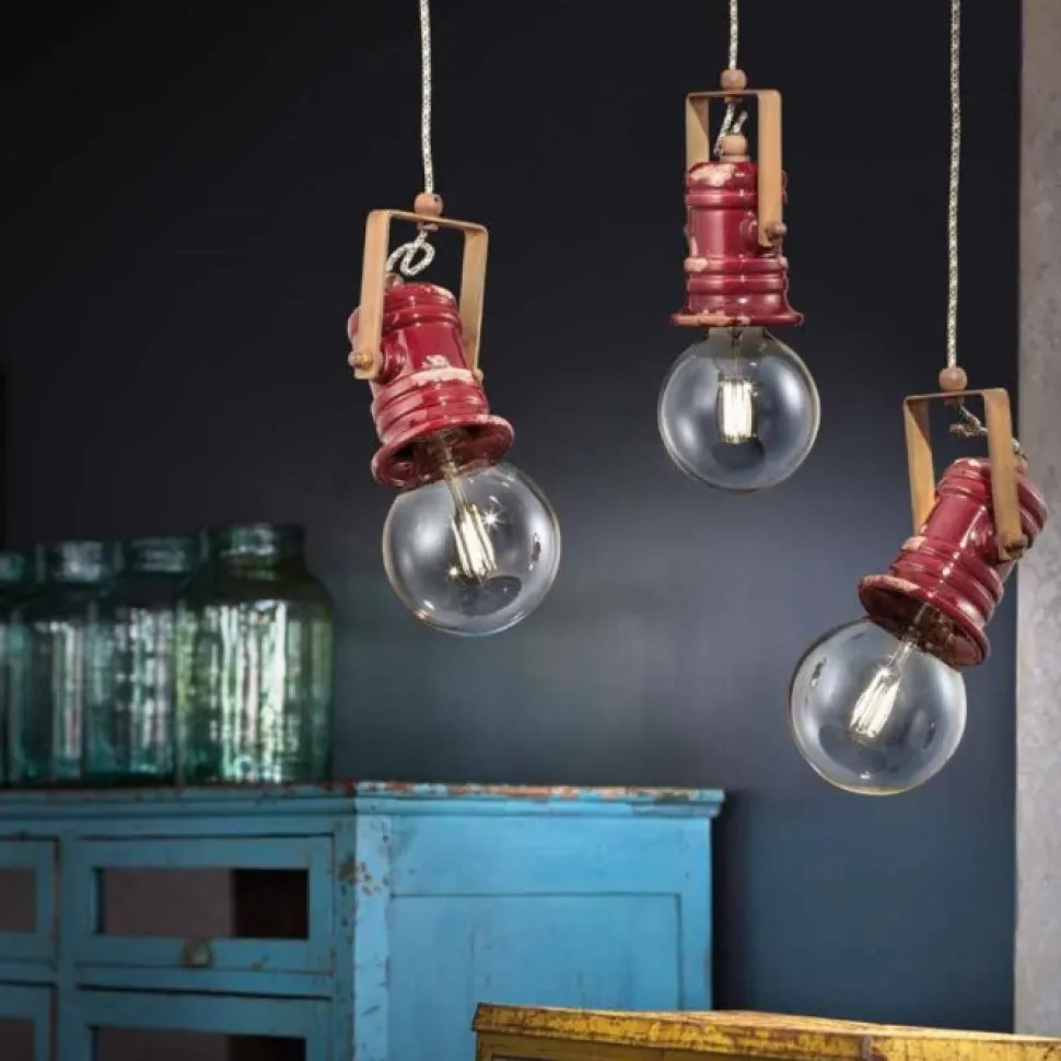 Lampadario Con Tre Luci Camargue 3 Di Ferroluce, In Ceramica Smaltata Effetto Retro.