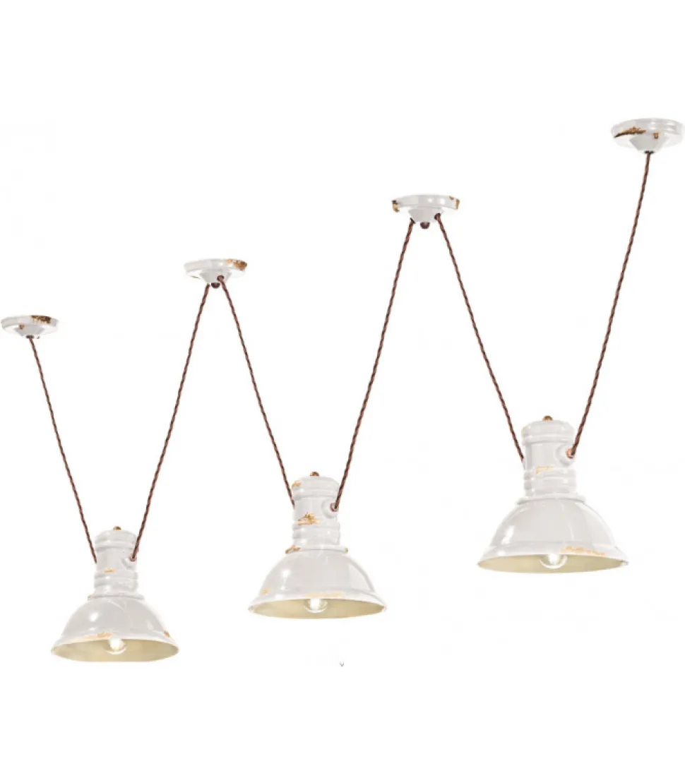 Lampadario Threehope Di Ferroluce, Con Paralume In Ceramica Smaltata Effetto Retro.