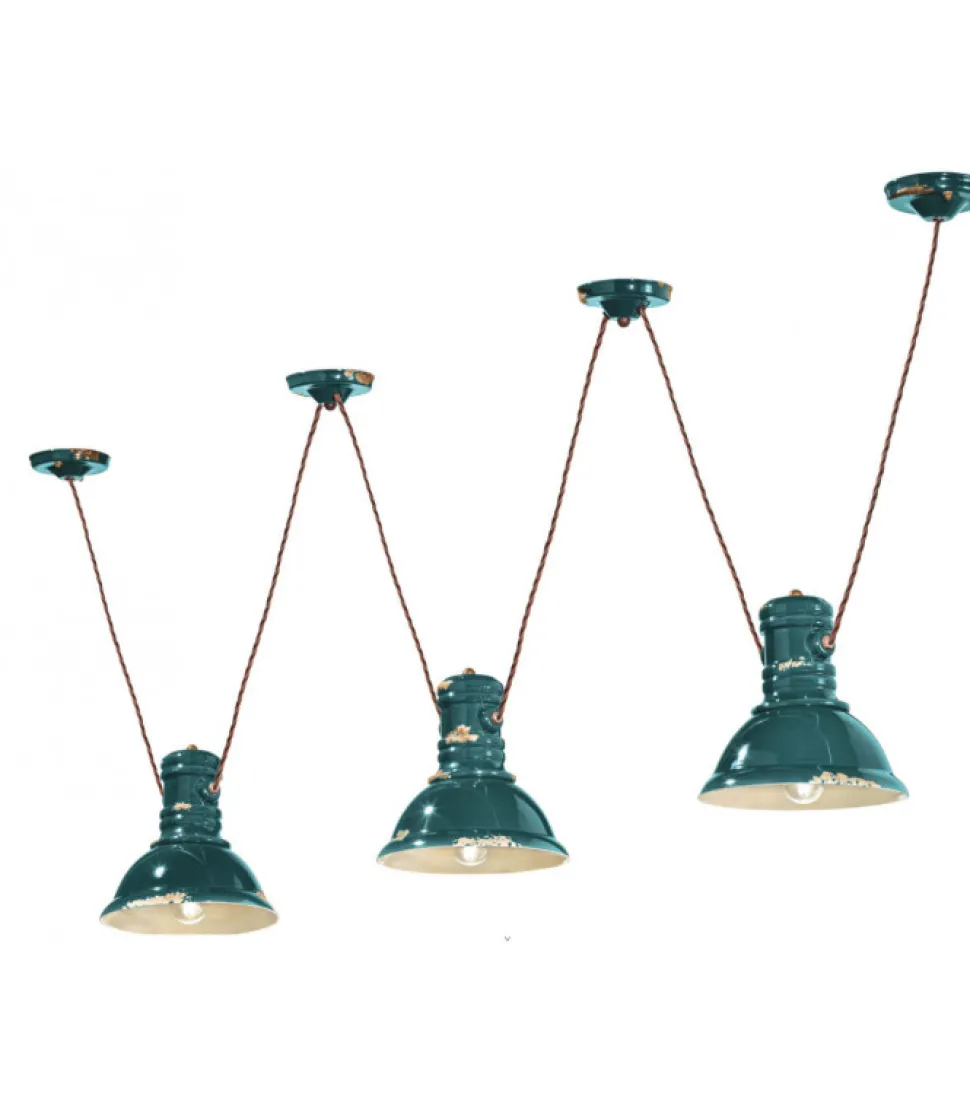 Lampadario Threehope Di Ferroluce, Con Paralume In Ceramica Smaltata Effetto Retro.