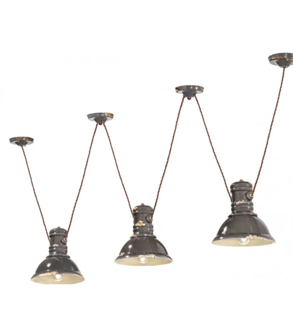 Lampadario Threehope Di Ferroluce, Con Paralume In Ceramica Smaltata Effetto Retro.