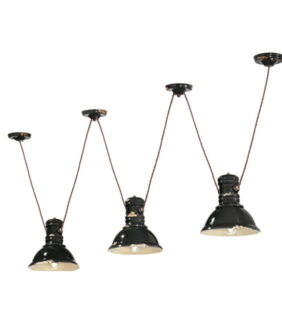 Lampadario Threehope Di Ferroluce, Con Paralume In Ceramica Smaltata Effetto Retro.