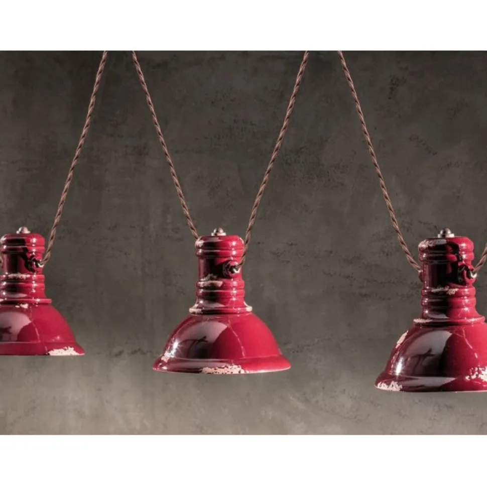 Lampadario Threehope Di Ferroluce, Con Paralume In Ceramica Smaltata Effetto Retro.