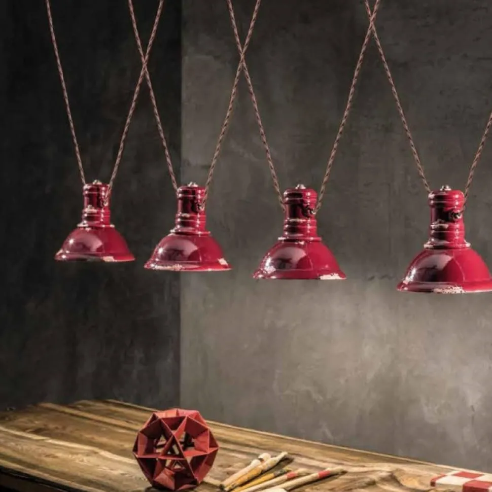 Lampadario Threehope Di Ferroluce, Con Paralume In Ceramica Smaltata Effetto Retro.