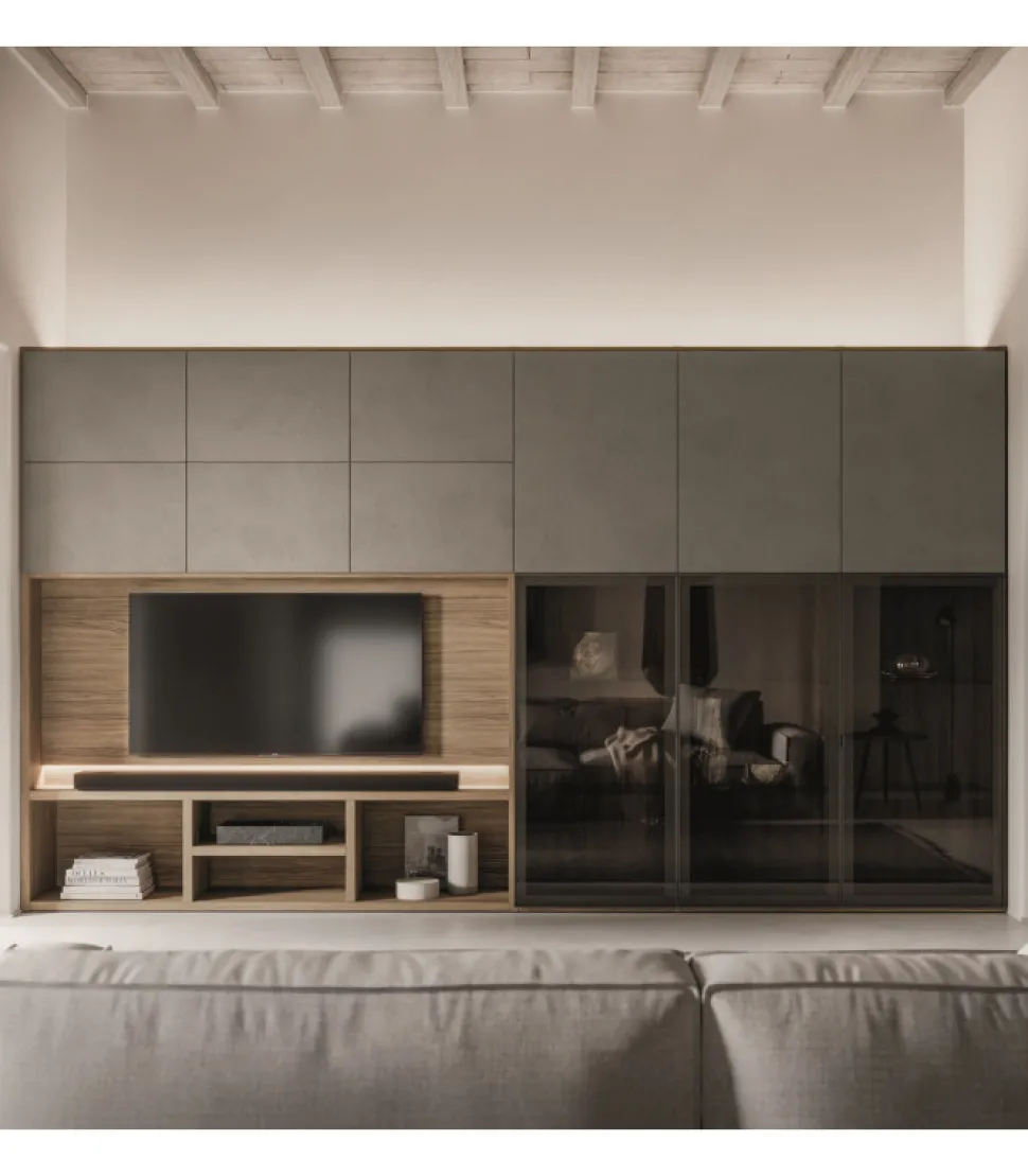 Libreria Gs220 Con Ante Vetro E Pannello Porta Tv