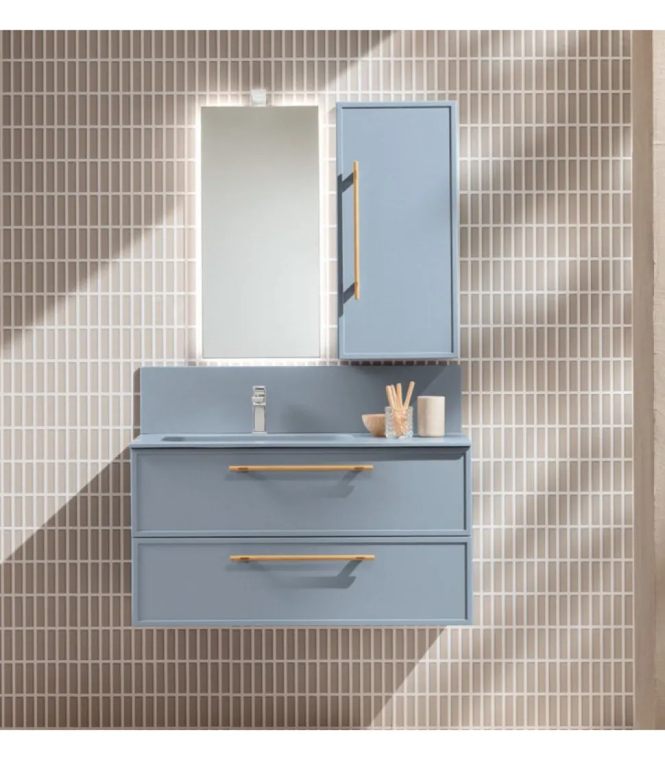 Mobile Bagno Sospeso Con Lavabo Console In Mineral Kolor E Maniglia In Legno Di Rovere.