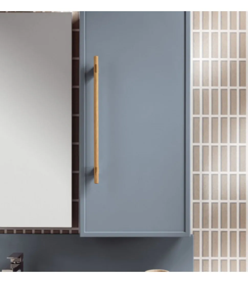 Mobile Bagno Sospeso Con Lavabo Console In Mineral Kolor E Maniglia In Legno Di Rovere.