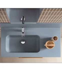 Mobile Bagno Sospeso Con Lavabo Console In Mineral Kolor E Maniglia In Legno Di Rovere.