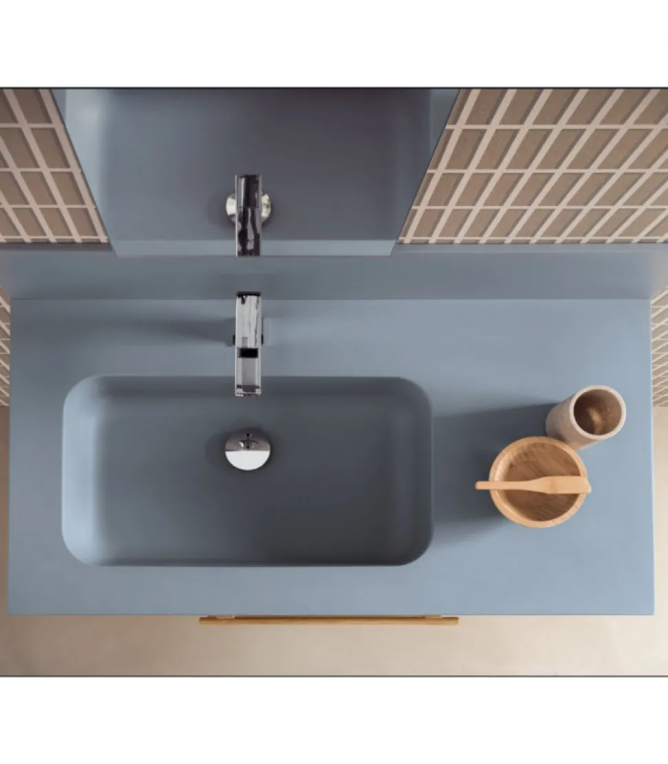 Mobile Bagno Sospeso Con Lavabo Console In Mineral Kolor E Maniglia In Legno Di Rovere.