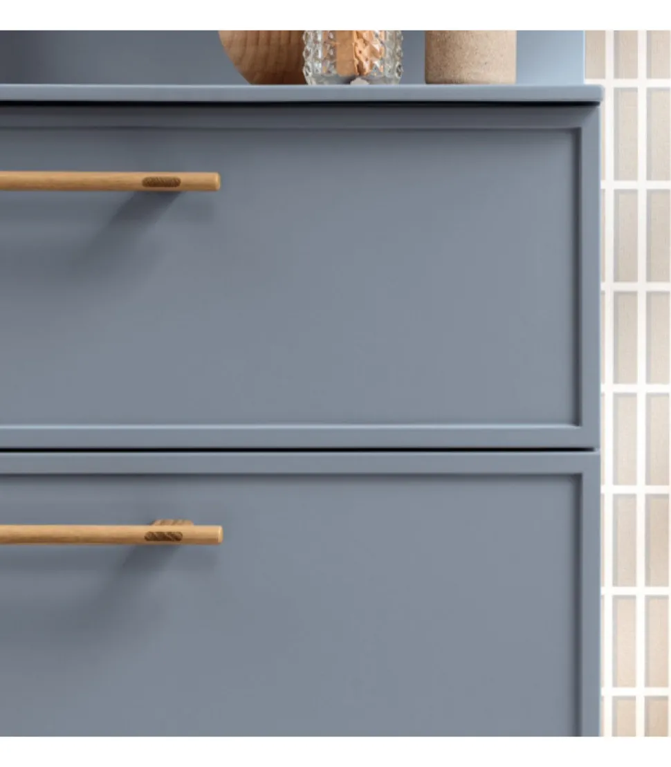 Mobile Bagno Sospeso Con Lavabo Console In Mineral Kolor E Maniglia In Legno Di Rovere.