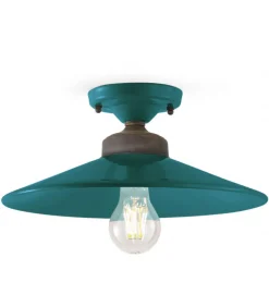 Plafoniera Sofia Di Ferroluce, Paralume In Lamiera Smaltata Abbinato Alla Rosetta In Ceramica, Finiture Anticate.