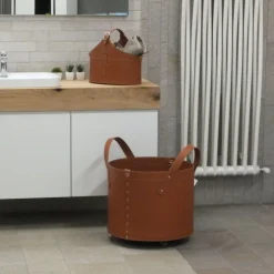 Portaoggetti Tonda In Cuoio Cucito A Mano