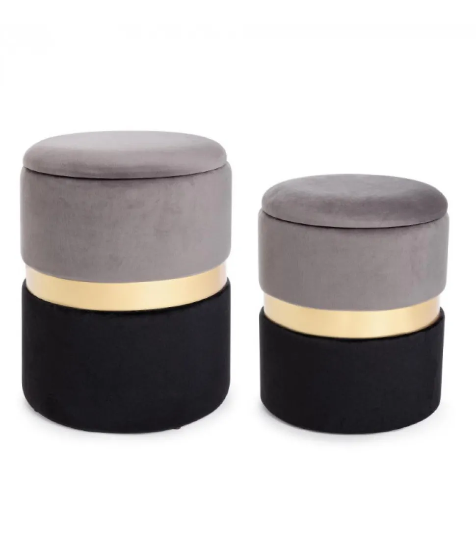 Set2 Pouf Cont.Polina Grigio-Nero Struttura In Mdf E Compensato. Rivestimento In Poliestere