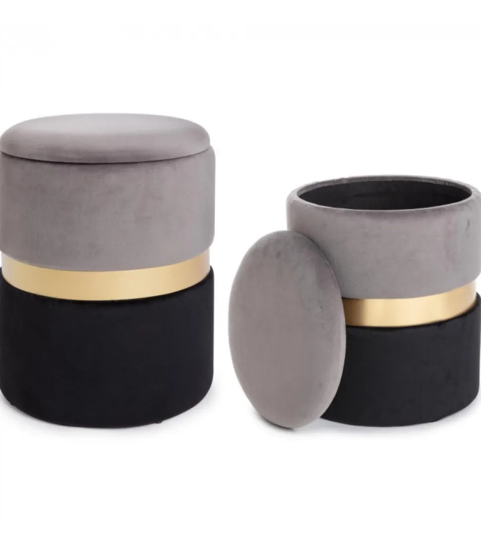 Set2 Pouf Cont.Polina Grigio-Nero Struttura In Mdf E Compensato. Rivestimento In Poliestere