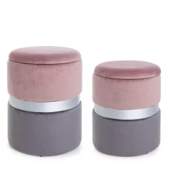 Set2 Pouf Cont.Polina Rosa-Grigio Struttura In Mdf E Compensato. Rivestimento In Poliestere