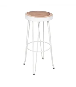 Sgabello Bar Rakel Bianco Seduta In Legno Mungur (Tronco), Gambe In Acciaio Verniciato