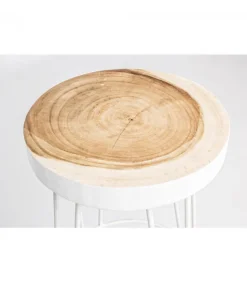 Sgabello Bar Rakel Bianco Seduta In Legno Mungur (Tronco), Gambe In Acciaio Verniciato