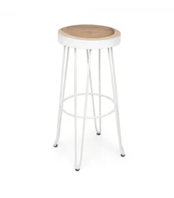 Sgabello Bar Rakel Bianco Seduta In Legno Mungur (Tronco), Gambe In Acciaio Verniciato
