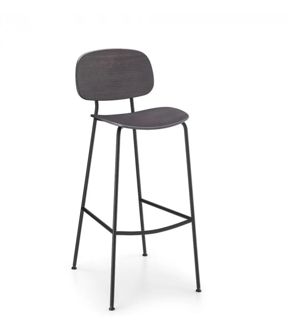 Sgabello In Tondino D'Acciaio E Seduta In Legno