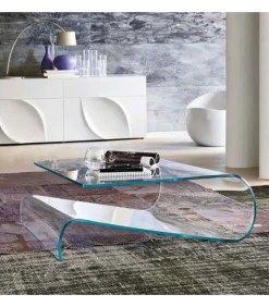 Tavolino Velo In Vetro Curvato, Made In Italy.