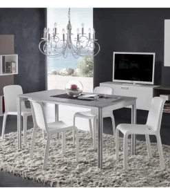 Tavolo Allungabile Con Piano Laminato E Vetro, Gambe Alluiminio Con Decoro. L. 120 E 140 X80 Cm. - Art.Tv114Al