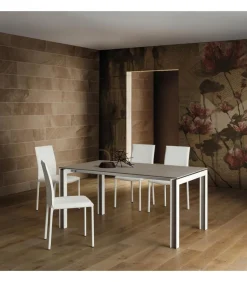 Tavolo Fisso Con Piano Laminato E Vetro, Gambe Alluiminio Con Decoro. L. 138 E 160 X90 Cm. - Art.Tv113