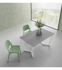 Tavolo Fisso Da Cucina Moderno Con Piano Laminato E Vetro, Telaio Gambe In Metallo Verniciato.Da 138 E 160 Cm. - Art.Tv144